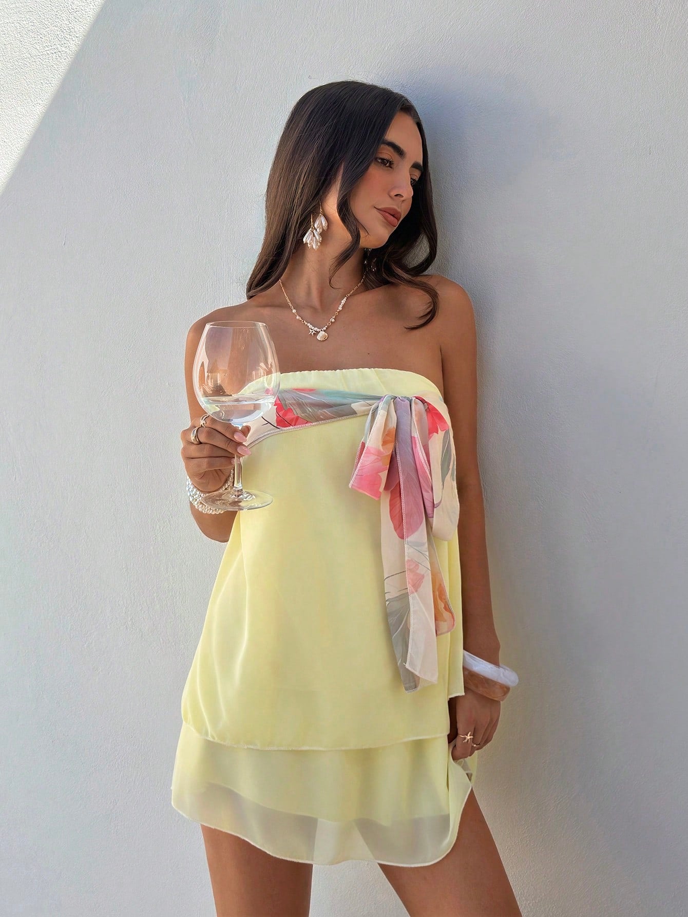 Aloruh Vacation Date Vacation Night Strapless Tie Waist Chiffon Mini Dress, Pale Yellow Summer Tropical