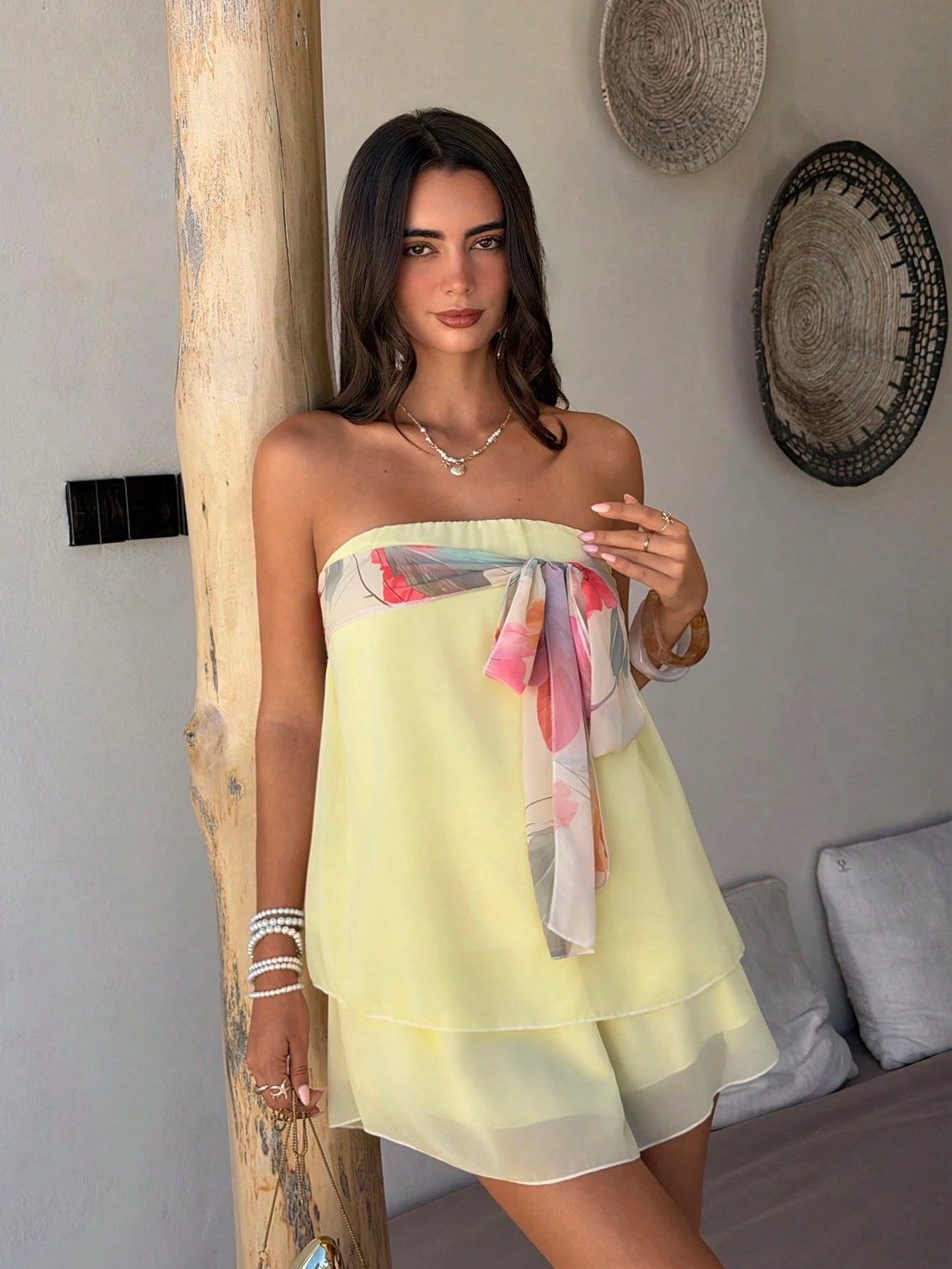 Aloruh Vacation Date Vacation Night Strapless Tie Waist Chiffon Mini Dress, Pale Yellow Summer Tropical