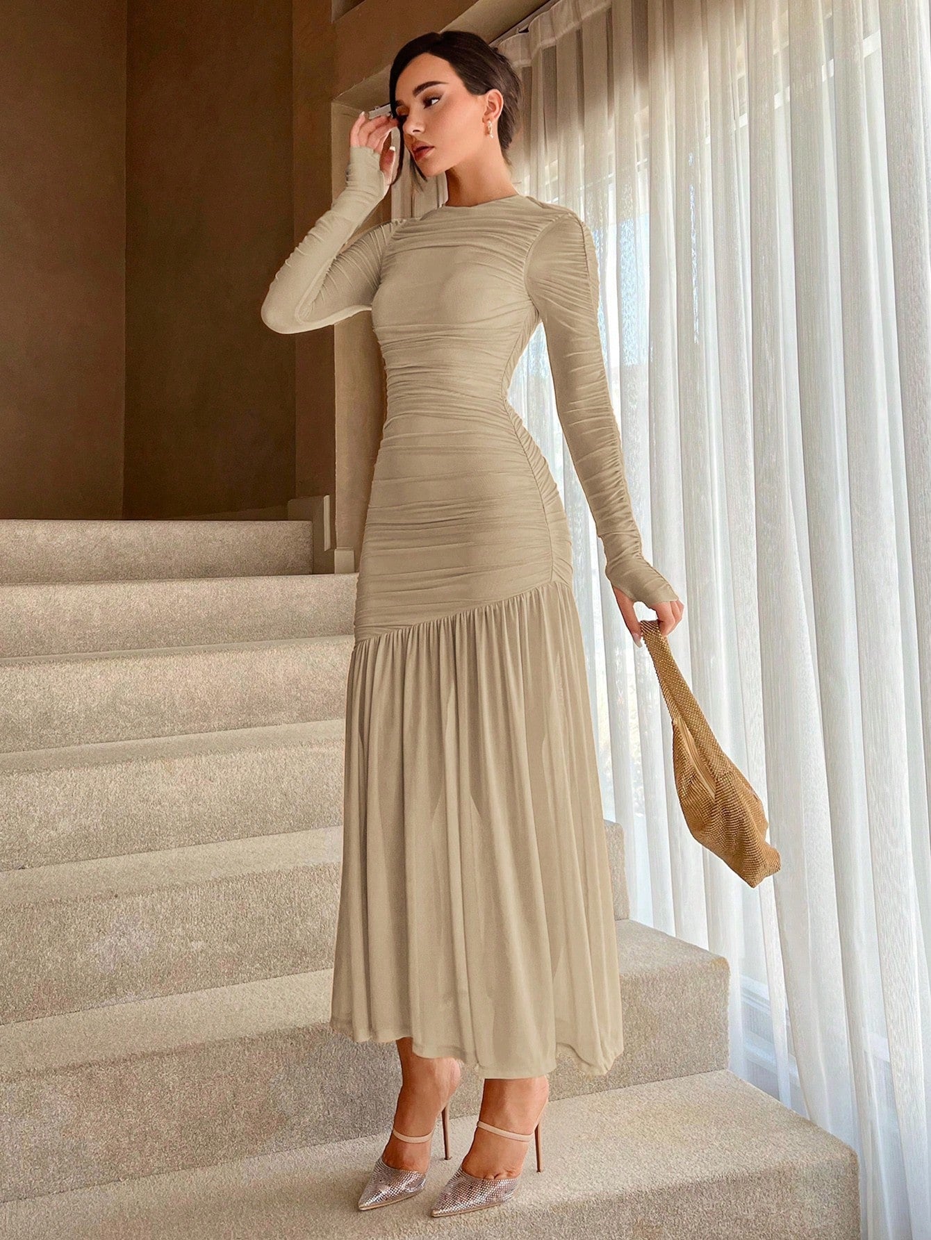 Aloruh Women's Autumn Apricot Elegant Round Neck Long Sleeve Ruffle Hem Dress,Formal Dining,Tea Party,Prom,Graduation,Bridesmaid,Weddings & Events Long Dress