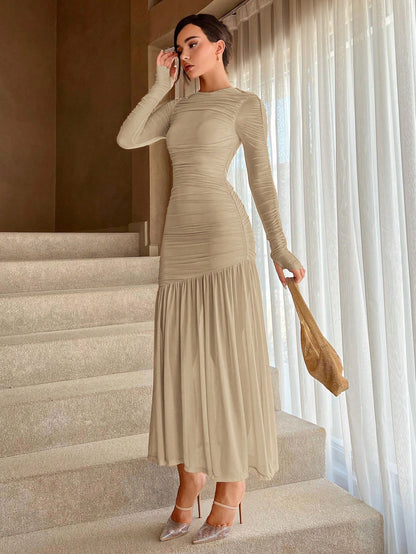 Aloruh Women's Autumn Apricot Elegant Round Neck Long Sleeve Ruffle Hem Dress,Formal Dining,Tea Party,Prom,Graduation,Bridesmaid,Weddings & Events Long Dress