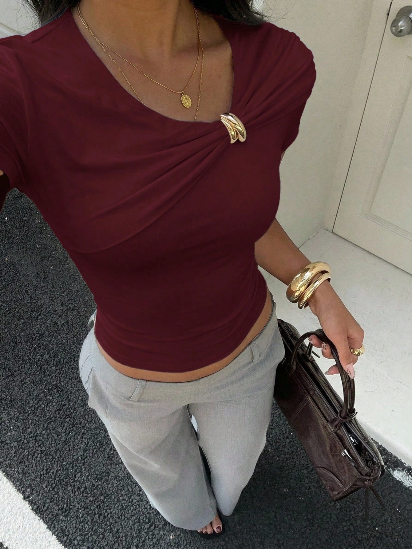 Aloruh Women's Casual Elegant Metal Decor Collar/All-Match Versatile Apricot Blouse,Summer Top