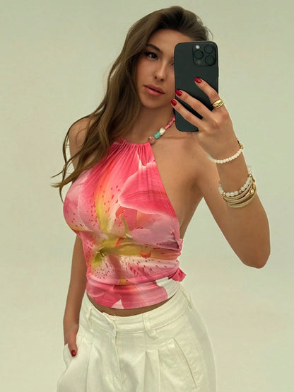 Aloruh Women's Floral Print Beaded Halter Neck Tie Back Tank Top, Summer Vacation Y2k Pink