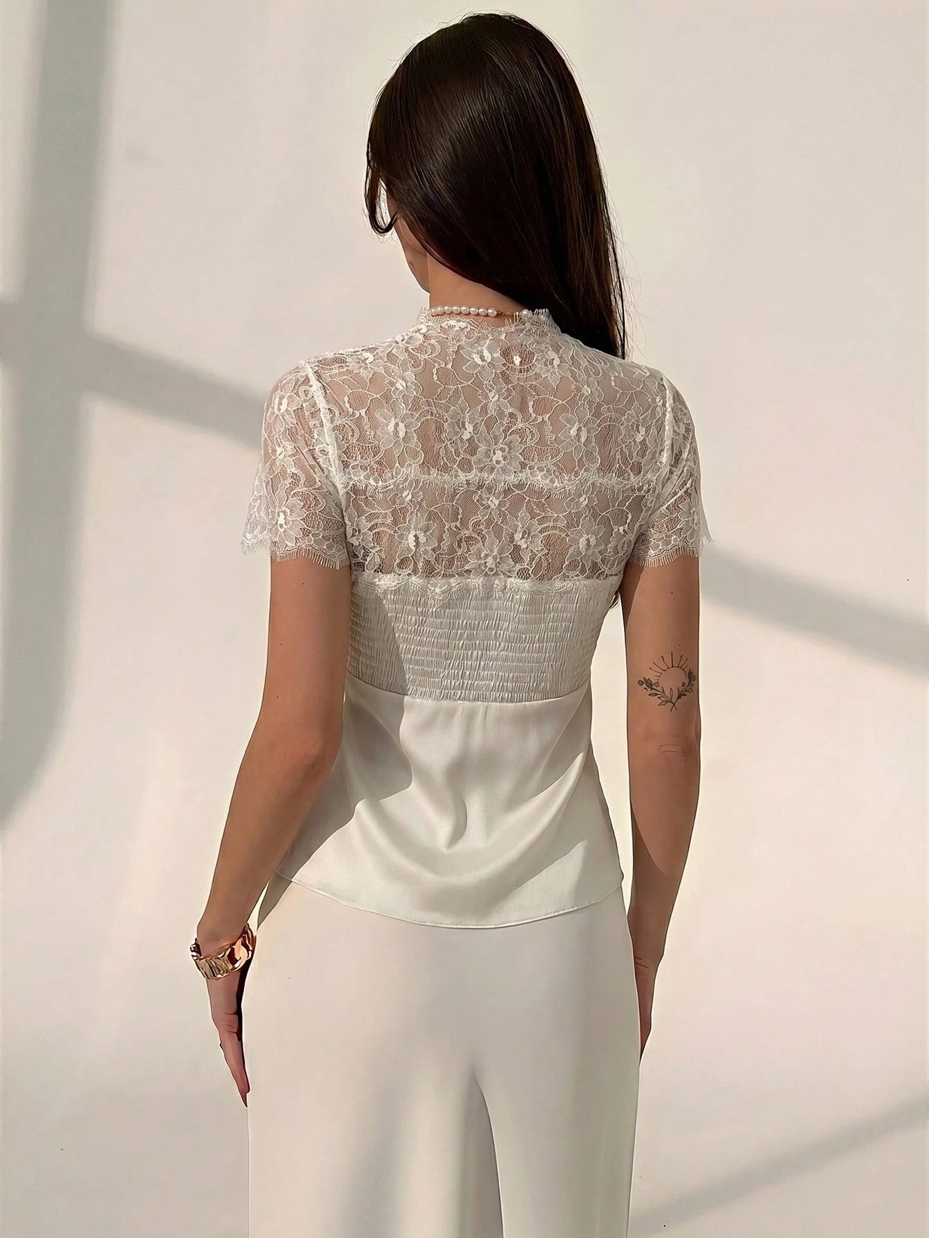 Aloruh Women's Lace Patchwork Sheer Sexy Short Sleeve Blouse