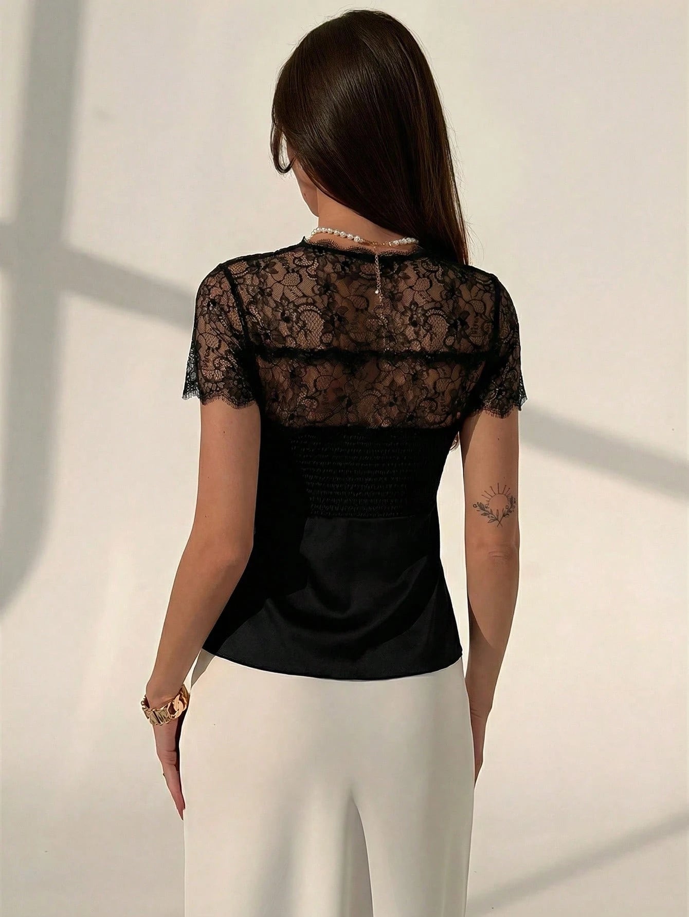 Aloruh Women's Lace Patchwork Sheer Sexy Short Sleeve Blouse