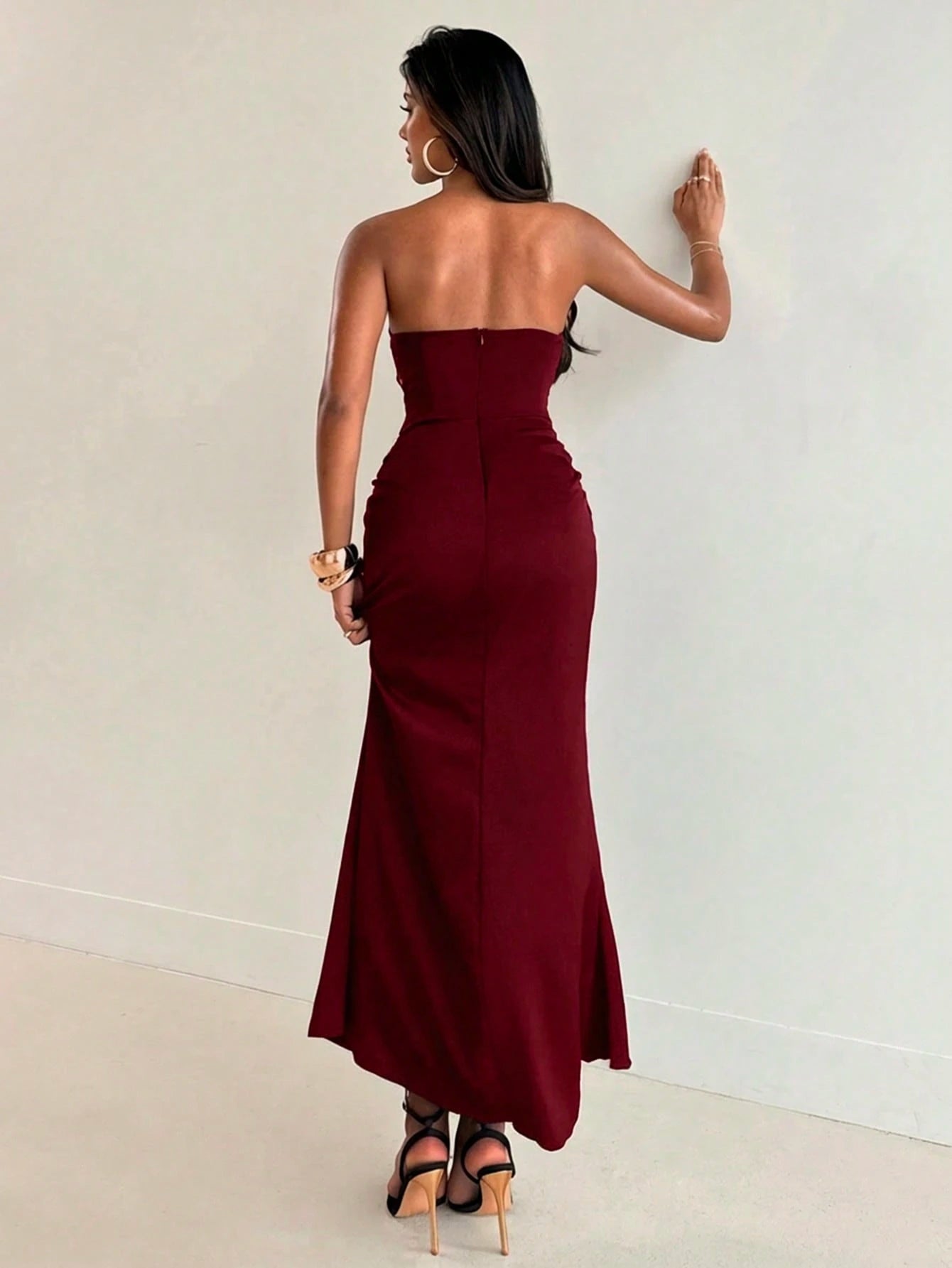 Aloruh Women's New Arrival Long Dress, Strapless Design, Satin Patchwork, Burgundy, Elegant Party Dining Dress, Graduation Clothing