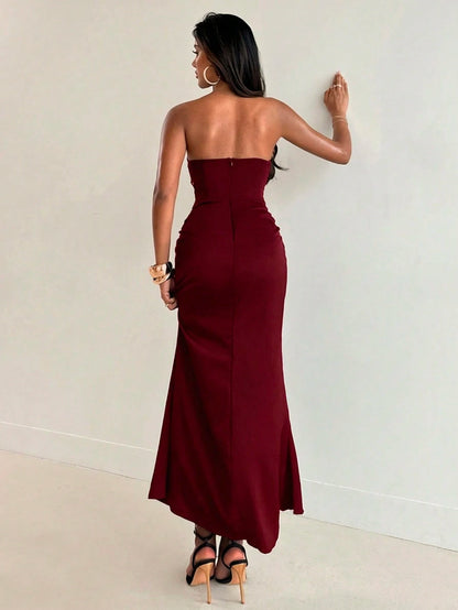 Aloruh Women's New Arrival Long Dress, Strapless Design, Satin Patchwork, Burgundy, Elegant Party Dining Dress, Graduation Clothing