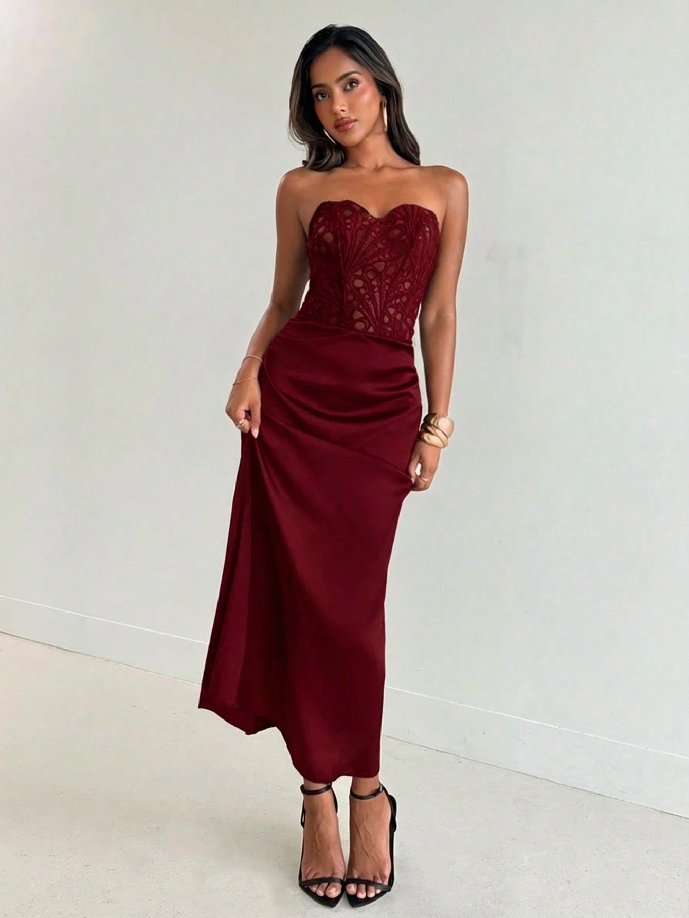 Aloruh Women's New Arrival Long Dress, Strapless Design, Satin Patchwork, Burgundy, Elegant Party Dining Dress, Graduation Clothing