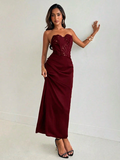 Aloruh Women's New Arrival Long Dress, Strapless Design, Satin Patchwork, Burgundy, Elegant Party Dining Dress, Graduation Clothing