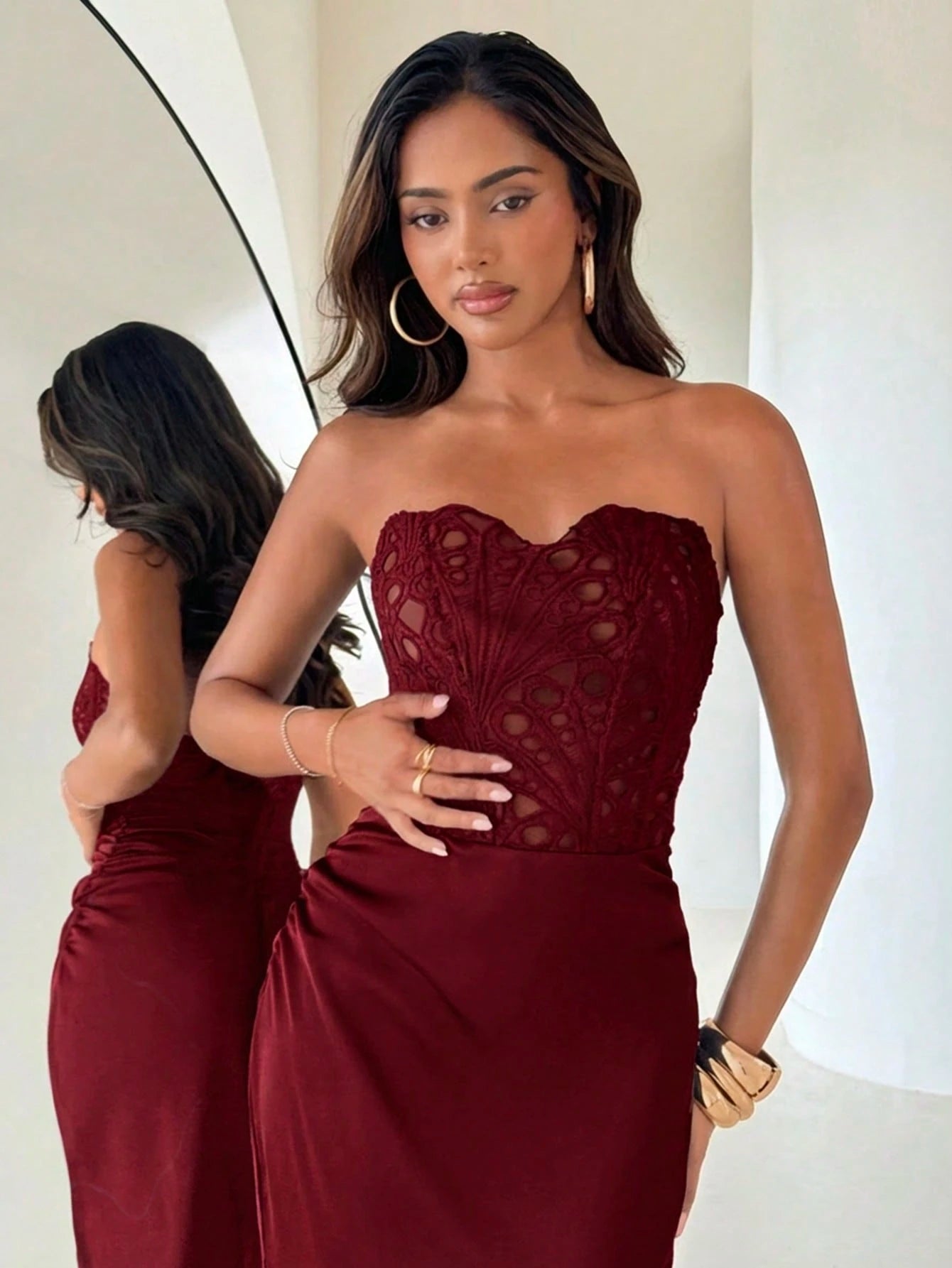 Aloruh Women's New Arrival Long Dress, Strapless Design, Satin Patchwork, Burgundy, Elegant Party Dining Dress, Graduation Clothing