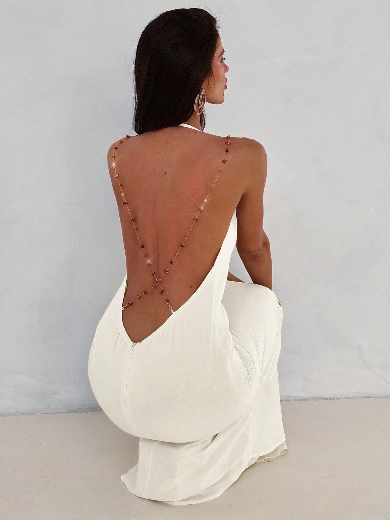 Aloruh Women's Sexy & Elegant Plunging Neck Backless Beaded Chain Decor Fitted Dress,Wedding Guest Dress,Party Dresses For Women