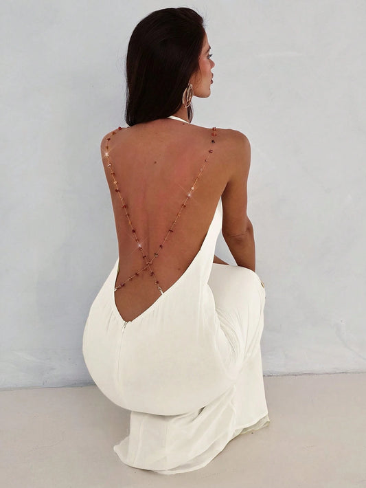 Aloruh Women's Sexy & Elegant Plunging Neck Backless Beaded Chain Decor Fitted Dress,Wedding Guest Dress,Party Dresses For Women