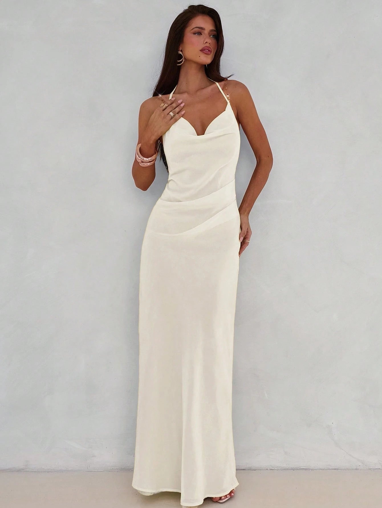 Aloruh Women's Sexy & Elegant Plunging Neck Backless Beaded Chain Decor Fitted Dress,Wedding Guest Dress,Party Dresses For Women