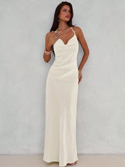 Aloruh Women's Sexy & Elegant Plunging Neck Backless Beaded Chain Decor Fitted Dress,Wedding Guest Dress,Party Dresses For Women