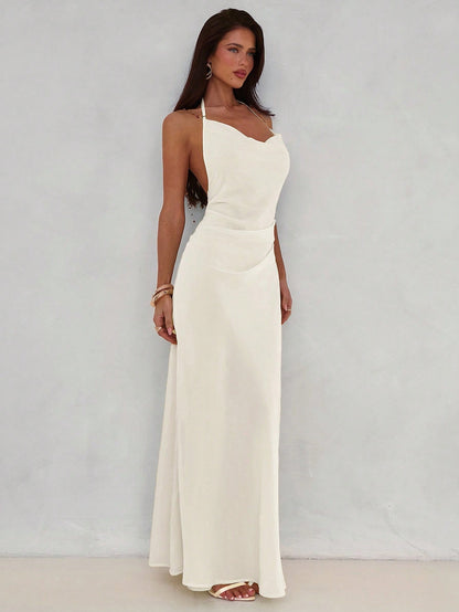 Aloruh Women's Sexy & Elegant Plunging Neck Backless Beaded Chain Decor Fitted Dress,Wedding Guest Dress,Party Dresses For Women