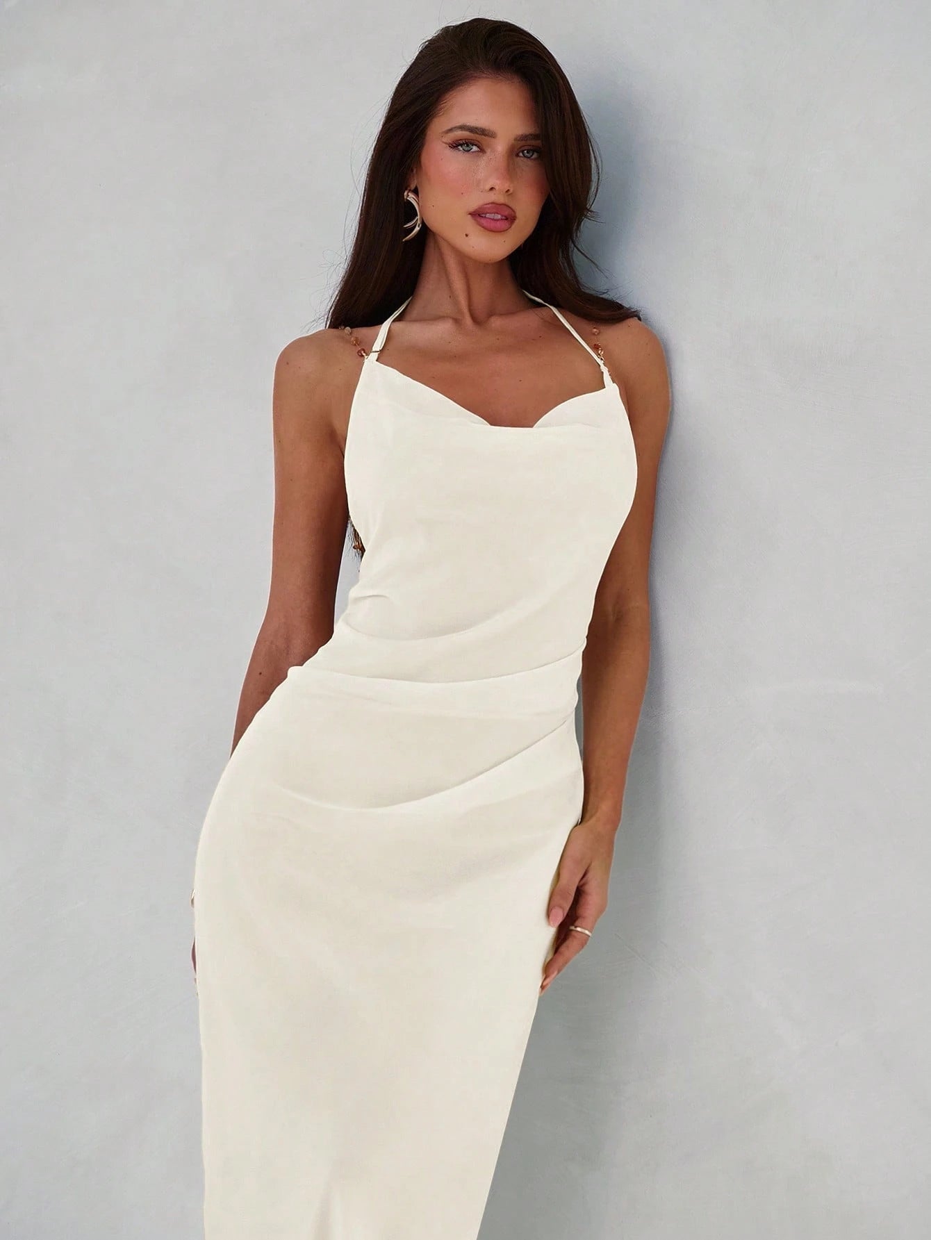 Aloruh Women's Sexy & Elegant Plunging Neck Backless Beaded Chain Decor Fitted Dress,Wedding Guest Dress,Party Dresses For Women