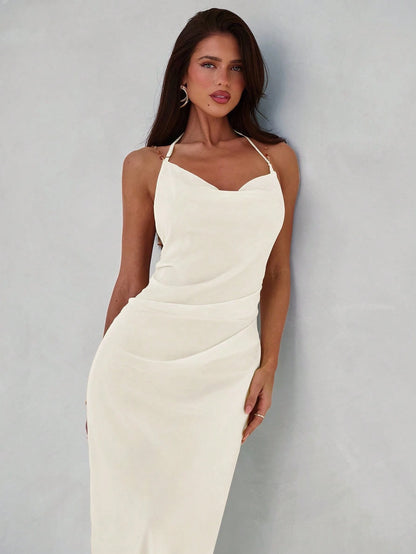 Aloruh Women's Sexy & Elegant Plunging Neck Backless Beaded Chain Decor Fitted Dress,Wedding Guest Dress,Party Dresses For Women