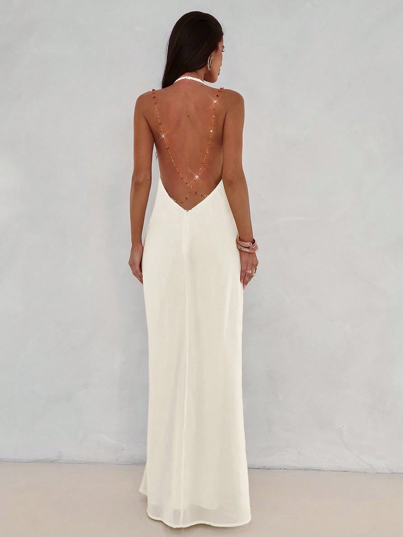 Aloruh Women's Sexy & Elegant Plunging Neck Backless Beaded Chain Decor Fitted Dress,Wedding Guest Dress,Party Dresses For Women