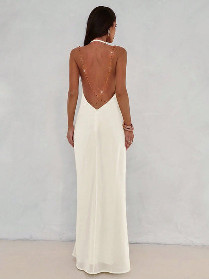 Aloruh Women's Sexy & Elegant Plunging Neck Backless Beaded Chain Decor Fitted Dress,Wedding Guest Dress,Party Dresses For Women