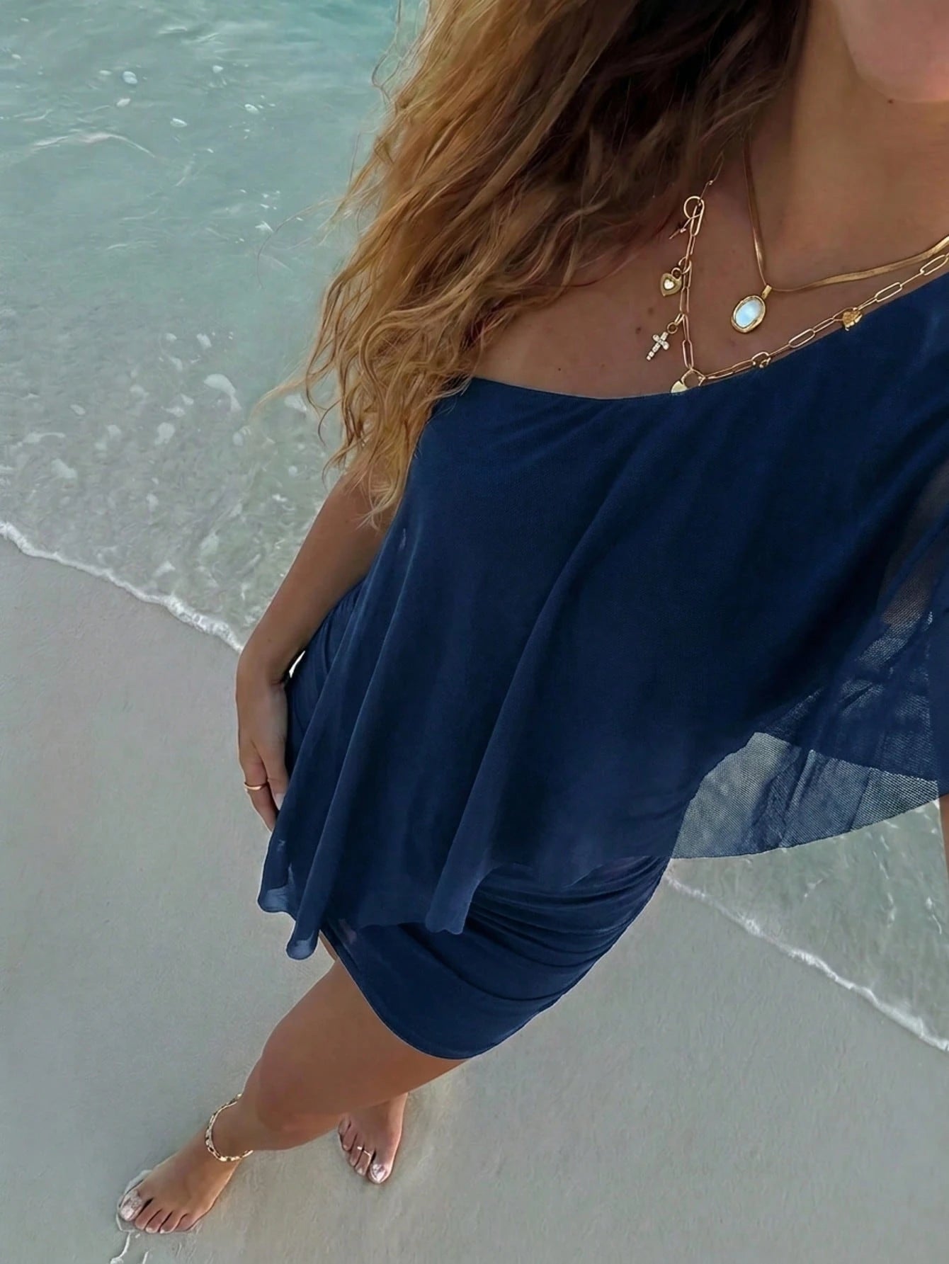 Aloruh Women's Solid Color One Shoulder Ruffle Fashion Mini Dress For Vacation Beach Vacation Navy Blue Summer Elegant Sexy