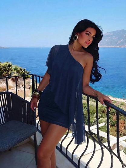 Aloruh Women's Solid Color One Shoulder Ruffle Fashion Mini Dress For Vacation Beach Vacation Navy Blue Summer Elegant Sexy
