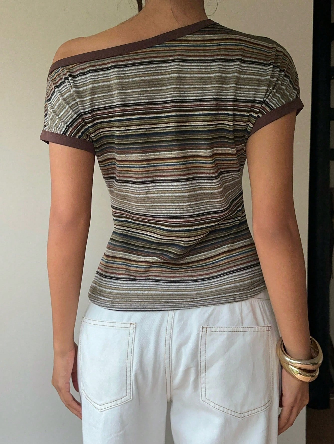 Aloruh Women's Striped Asymmetrical Shoulder Short Sleeve Slim Fit Casual T-Shirt
