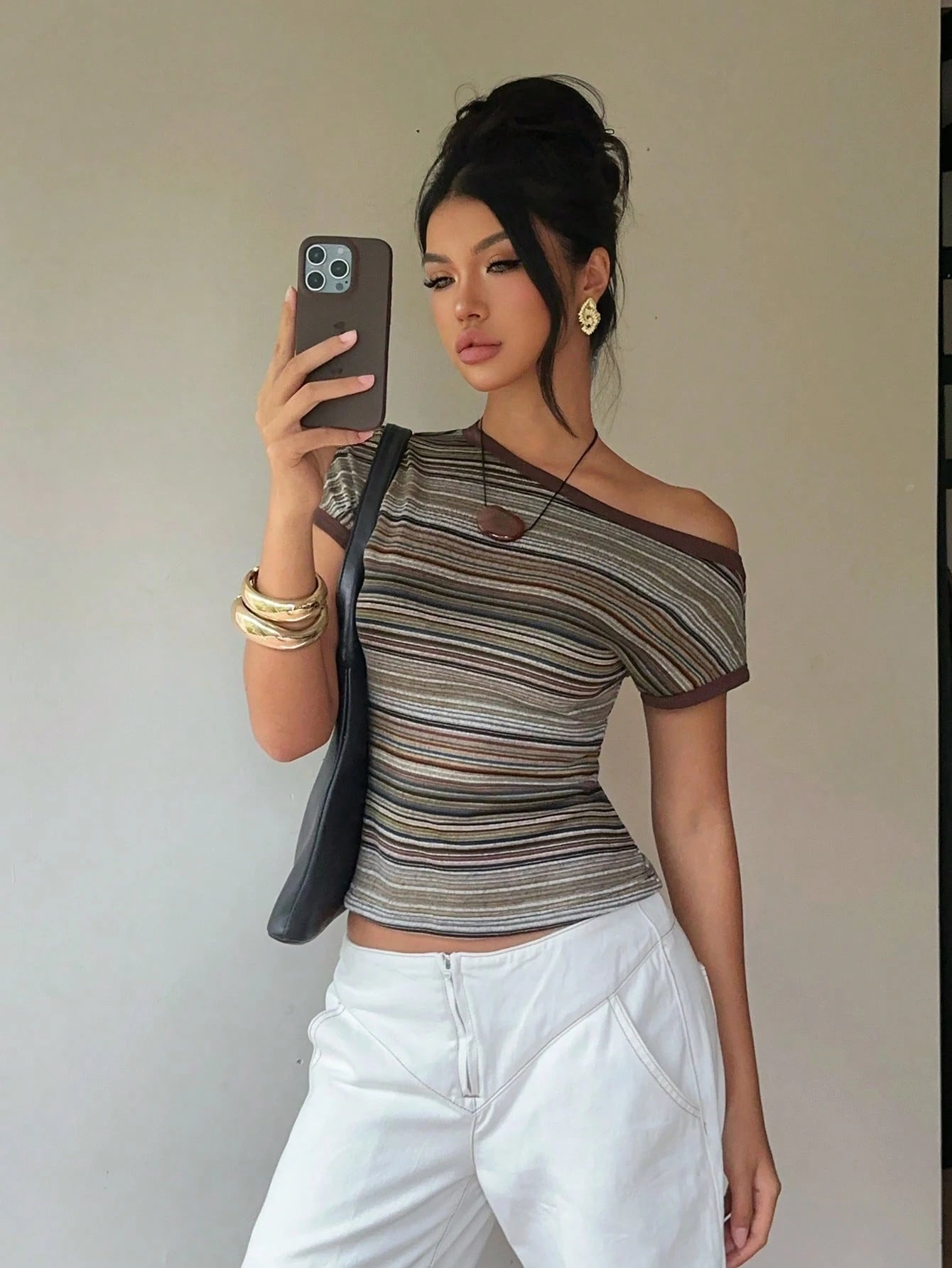 Aloruh Women's Striped Asymmetrical Shoulder Short Sleeve Slim Fit Casual T-Shirt