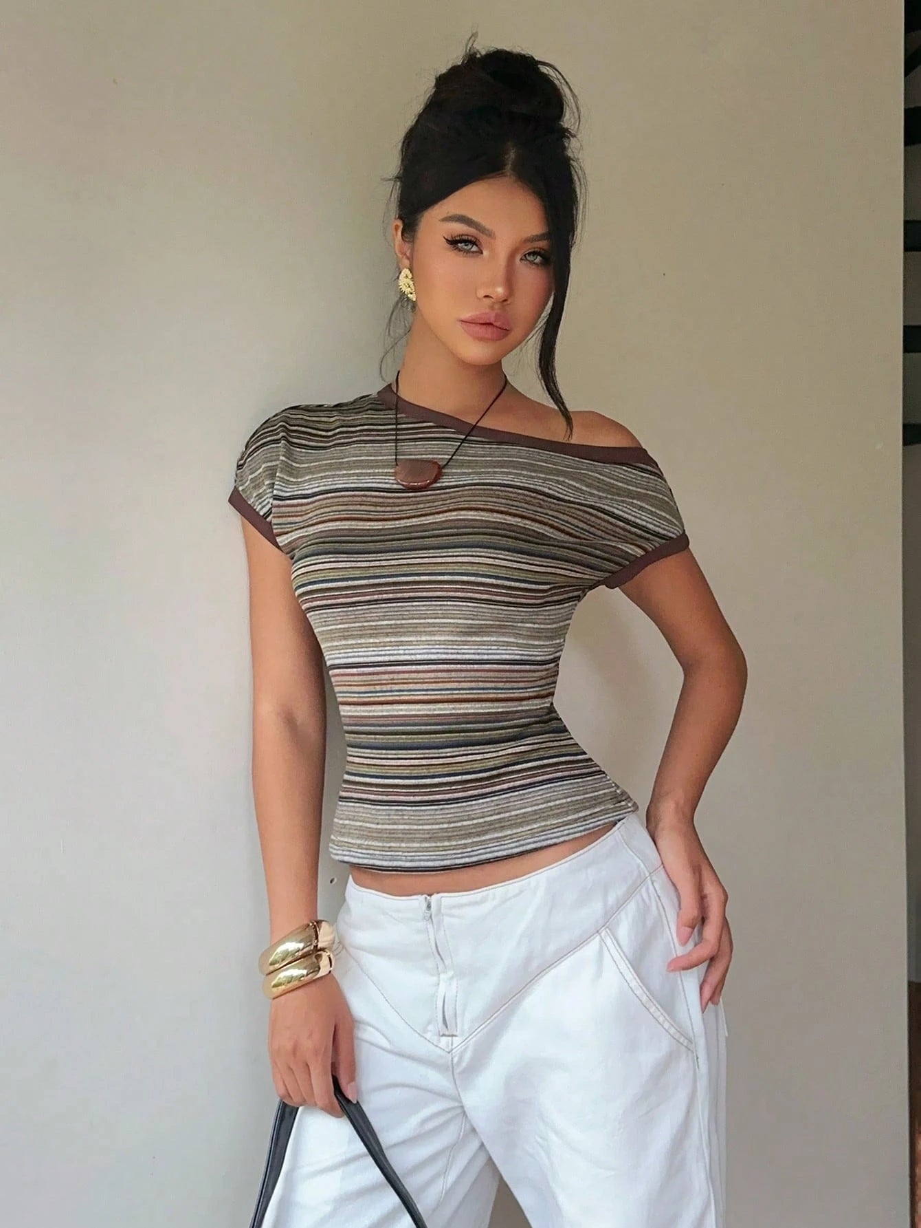 Aloruh Women's Striped Asymmetrical Shoulder Short Sleeve Slim Fit Casual T-Shirt