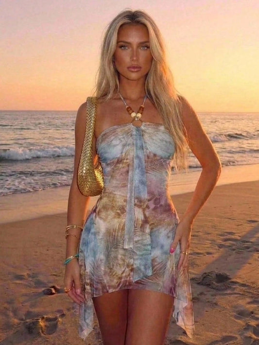 Aloruh Women's Tie-Dye Halter Sexy Party Mini Dress Summer Summer Outfits Summer Clothes Beach Outfits For Woman Beach Vacation Vacation Outfits Woman Boho Tropical Vacation Woman Clothe Dress
