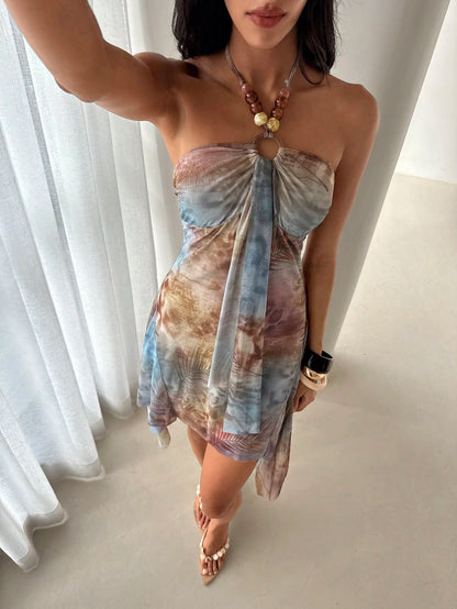 Aloruh Women's Tie-Dye Halter Sexy Party Mini Dress Summer Summer Outfits Summer Clothes Beach Outfits For Woman Beach Vacation Vacation Outfits Woman Boho Tropical Vacation Woman Clothe Dress