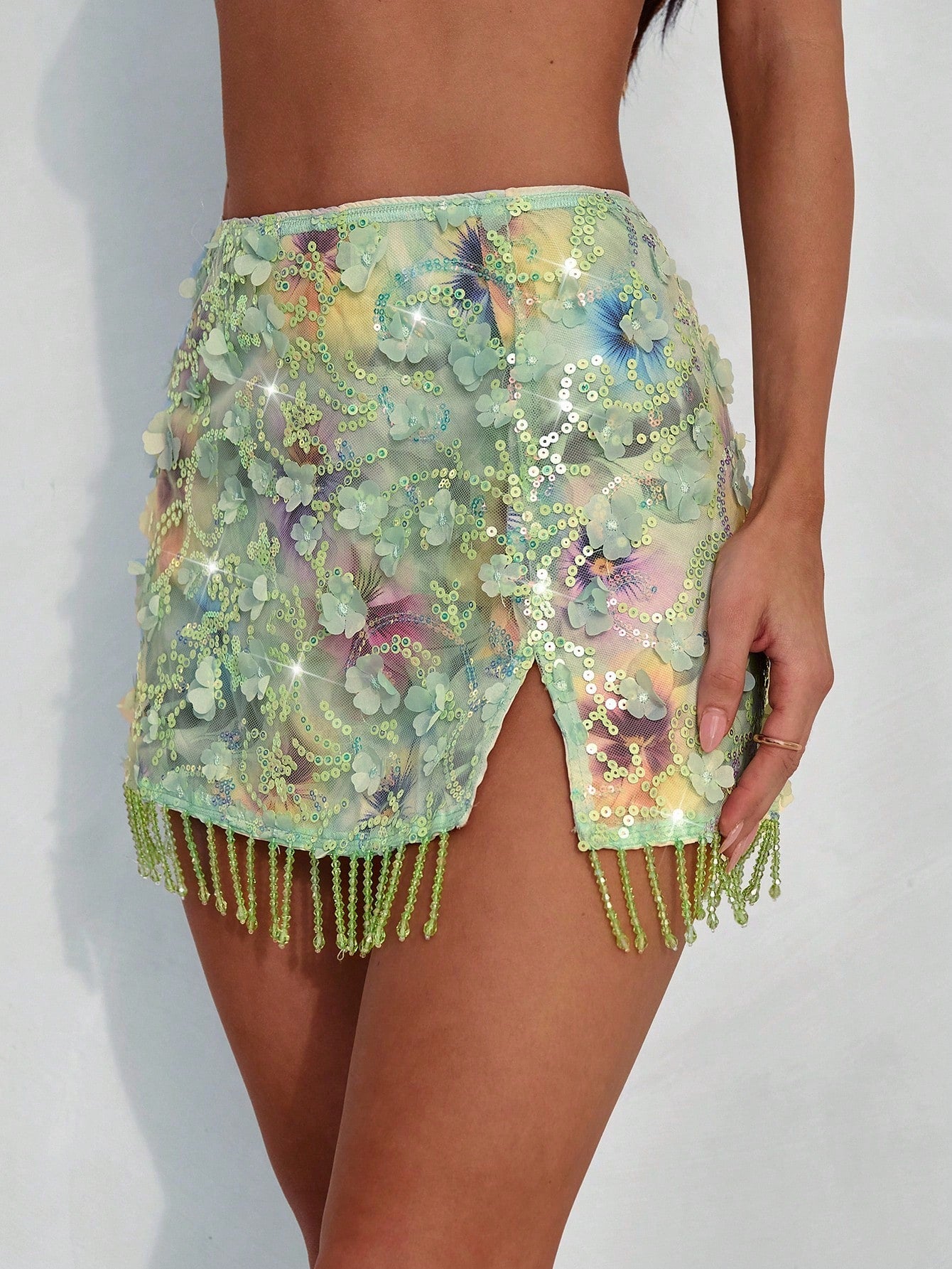 Aloruh Women's Y2K Sparkly Sequin Skirt,Green Floral Boho Summer Vacation Holiday Beach Party,Elegant Tassel Hem Music Festival Concert,Green Skirt