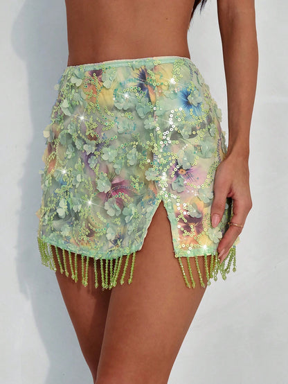 Aloruh Women's Y2K Sparkly Sequin Skirt,Green Floral Boho Summer Vacation Holiday Beach Party,Elegant Tassel Hem Music Festival Concert,Green Skirt