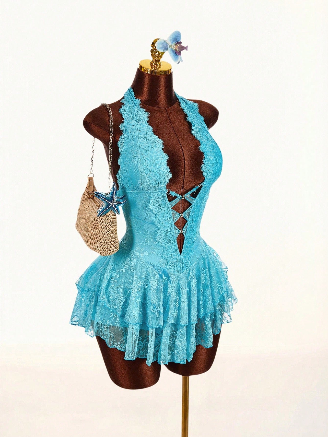 Amplova Women's Halter Neck Lace Inverted V-Waist Double Layer Hem Mini Dress Avant-Garde Light Blue Summer 70's Holiday Party Night Out Disco Vacation Sexy