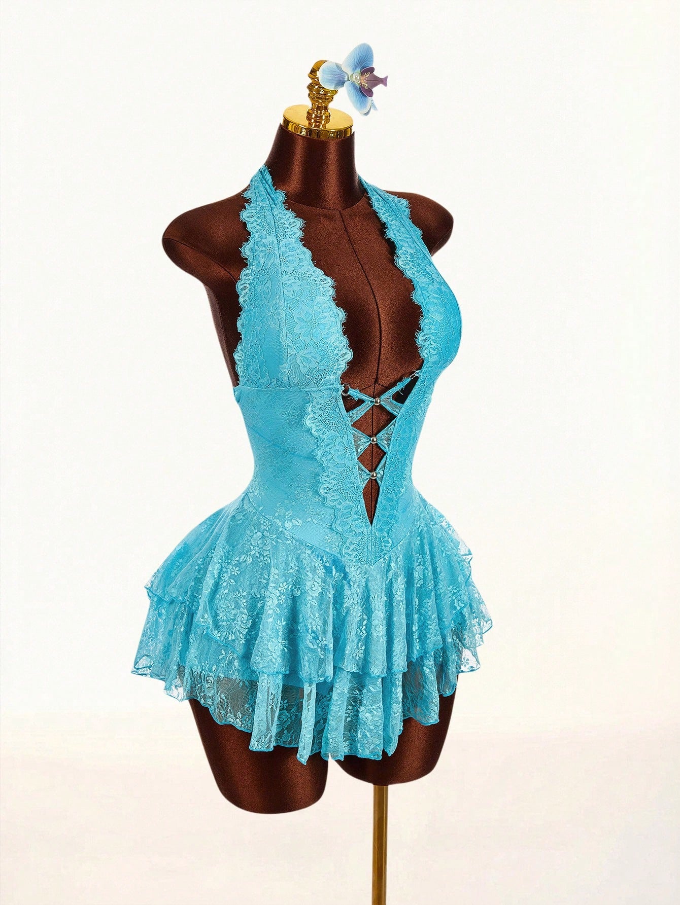 Amplova Women's Halter Neck Lace Inverted V-Waist Double Layer Hem Mini Dress Avant-Garde Light Blue Summer 70's Holiday Party Night Out Disco Vacation Sexy