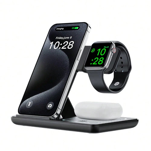 AmSengo 15W Fast Wireless Charging Stand 3-In-1 Foldable Charging Station Compatible With IPhone 16 15 14 13 12 11 Watch 9 8 7 6 5 Pro USB Power Supply