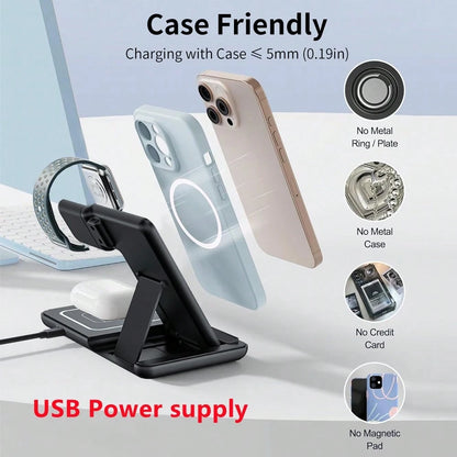 AmSengo 15W Fast Wireless Charging Stand 3-In-1 Foldable Charging Station Compatible With IPhone 16 15 14 13 12 11 Watch 9 8 7 6 5 Pro USB Power Supply