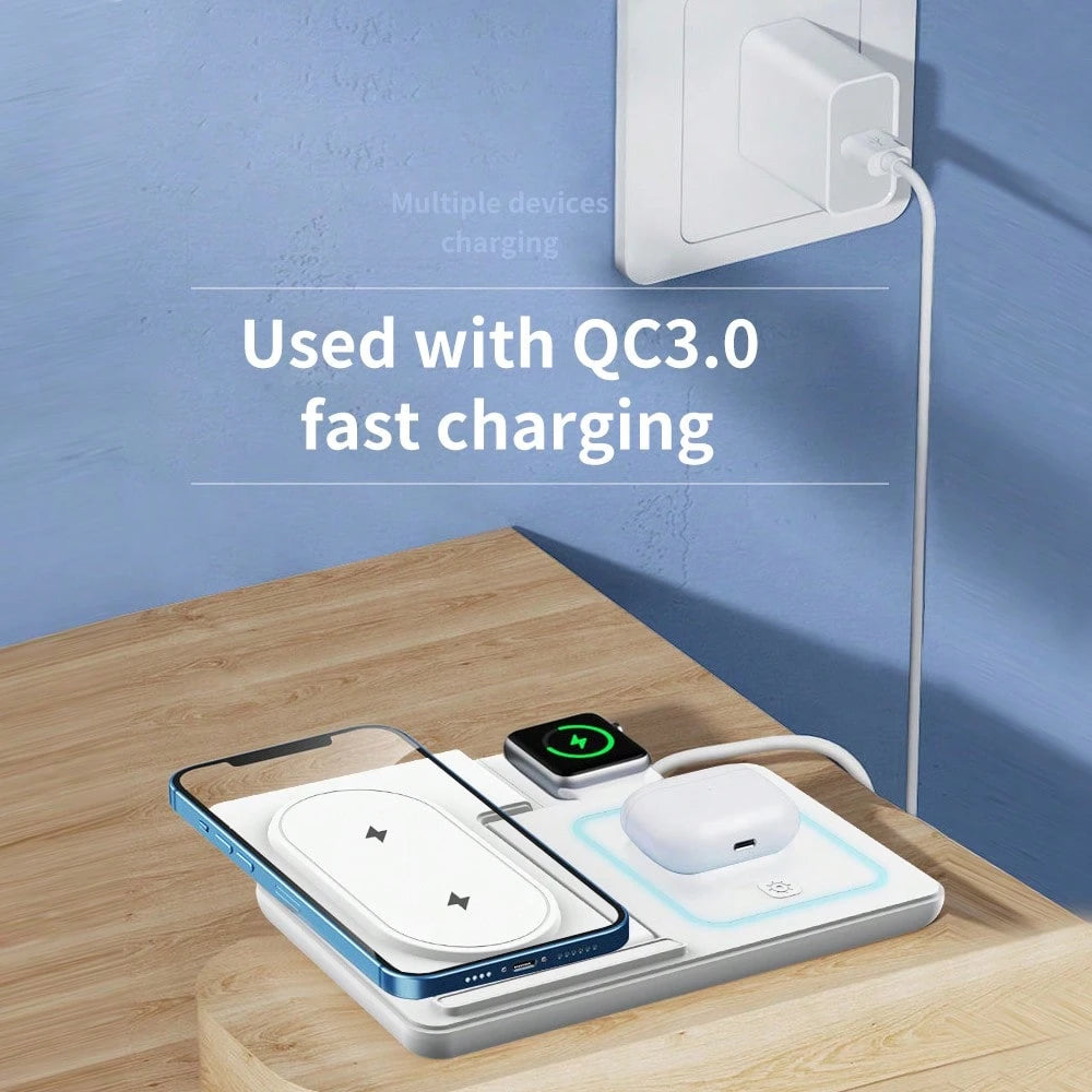 AmSengo 15W Fast Wireless Charging Stand 3-In-1 Foldable Charging Station Compatible With IPhone 16 15 14 13 12 11 Watch 9 8 7 6 5 Pro USB Power Supply