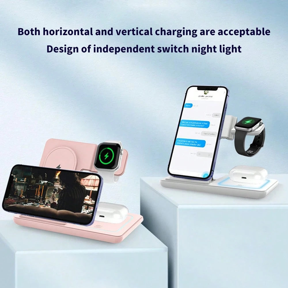 AmSengo 15W Fast Wireless Charging Stand 3-In-1 Foldable Charging Station Compatible With IPhone 16 15 14 13 12 11 Watch 9 8 7 6 5 Pro USB Power Supply