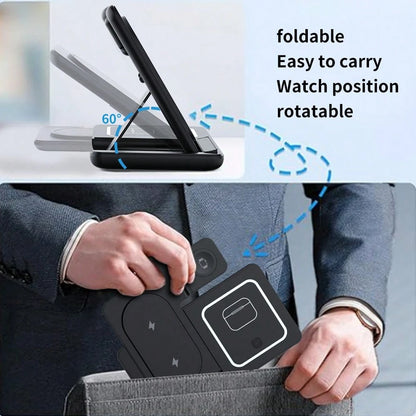 AmSengo 15W Fast Wireless Charging Stand 3-In-1 Foldable Charging Station Compatible With IPhone 16 15 14 13 12 11 Watch 9 8 7 6 5 Pro USB Power Supply