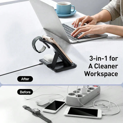 AmSengo 15W Fast Wireless Charging Stand 3-In-1 Foldable Charging Station Compatible With IPhone 16 15 14 13 12 11 Watch 9 8 7 6 5 Pro USB Power Supply
