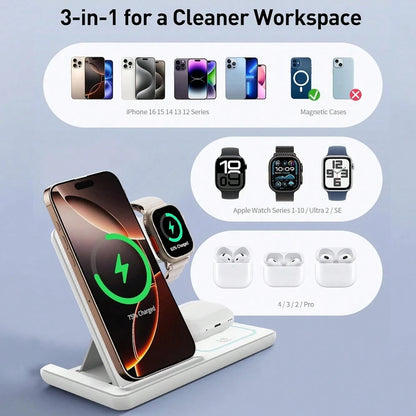 AmSengo 15W Fast Wireless Charging Stand 3-In-1 Foldable Charging Station Compatible With IPhone 16 15 14 13 12 11 Watch 9 8 7 6 5 Pro USB Power Supply
