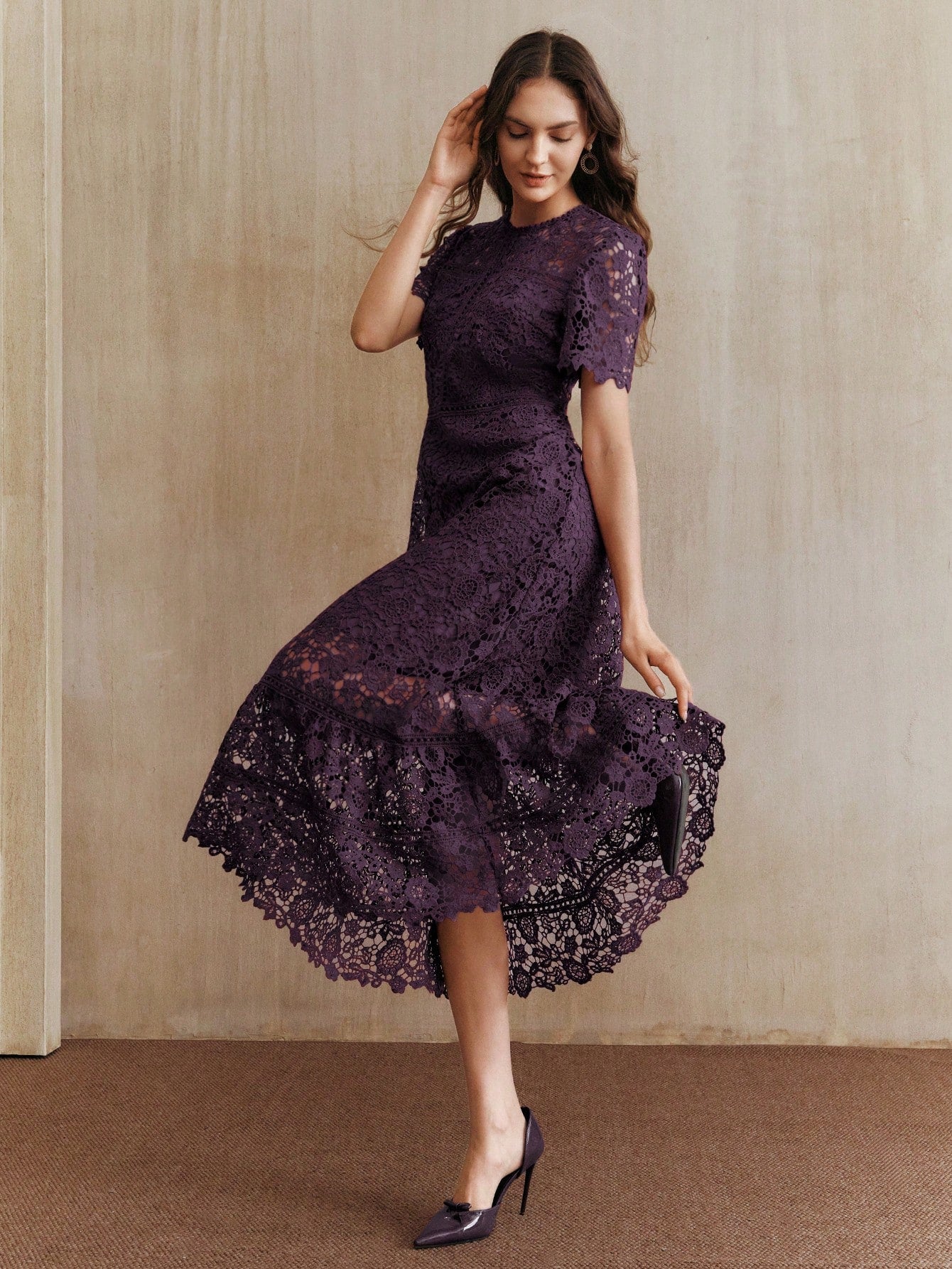 Anewsta Elegant Lace Patchwork Dark Purple Short Sleeve Floral Splice Dress,Autumn Wedding Guest,Valentine's Day,New Year Party,Chic Stylish Dresses For Women