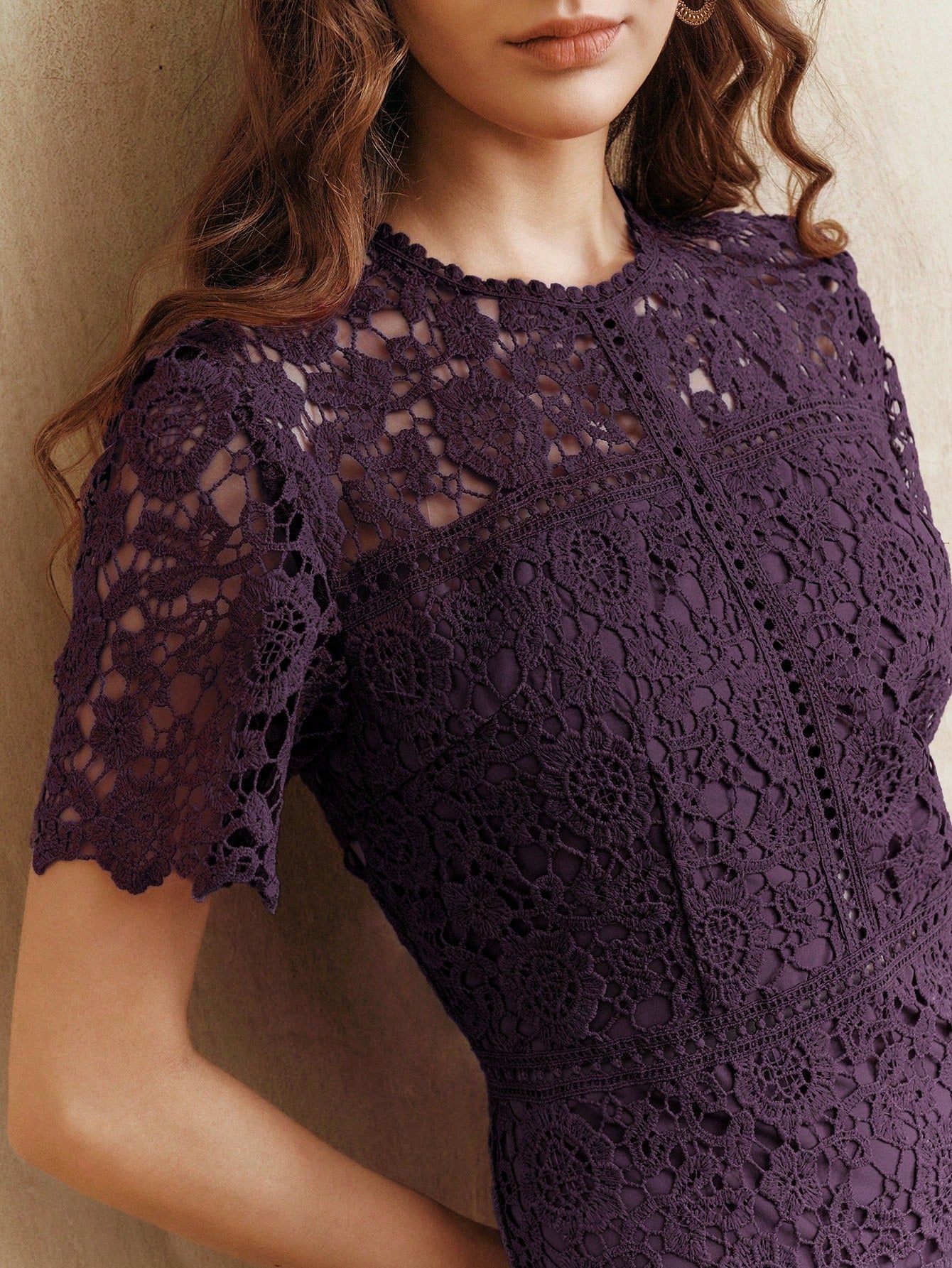 Anewsta Elegant Lace Patchwork Dark Purple Short Sleeve Floral Splice Dress,Autumn Wedding Guest,Valentine's Day,New Year Party,Chic Stylish Dresses For Women