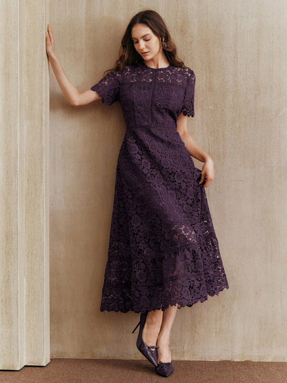 Anewsta Elegant Lace Patchwork Dark Purple Short Sleeve Floral Splice Dress,Autumn Wedding Guest,Valentine's Day,New Year Party,Chic Stylish Dresses For Women