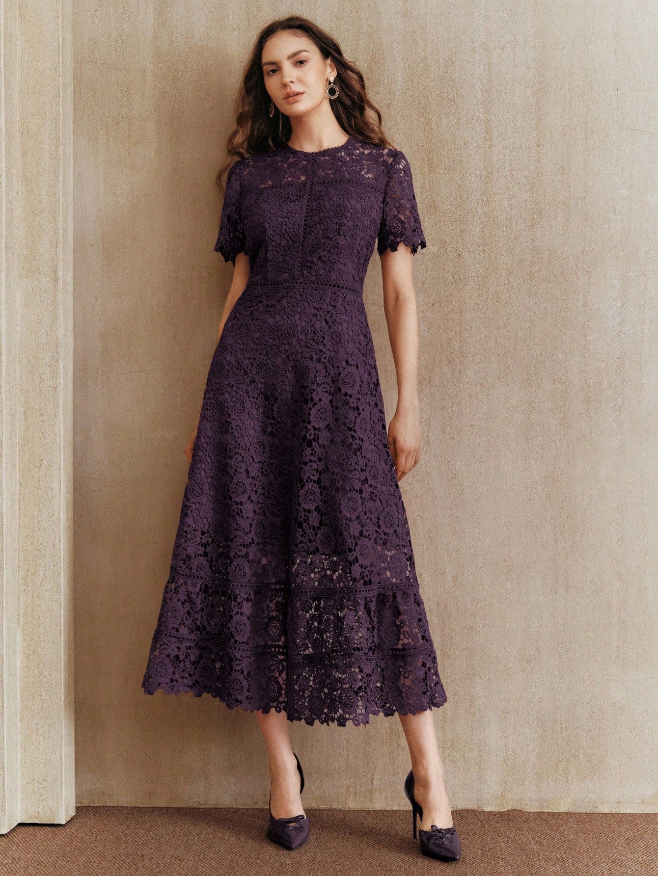 Anewsta Elegant Lace Patchwork Dark Purple Short Sleeve Floral Splice Dress,Autumn Wedding Guest,Valentine's Day,New Year Party,Chic Stylish Dresses For Women