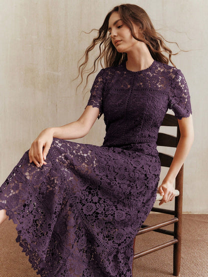 Anewsta Elegant Lace Patchwork Dark Purple Short Sleeve Floral Splice Dress,Autumn Wedding Guest,Valentine's Day,New Year Party,Chic Stylish Dresses For Women