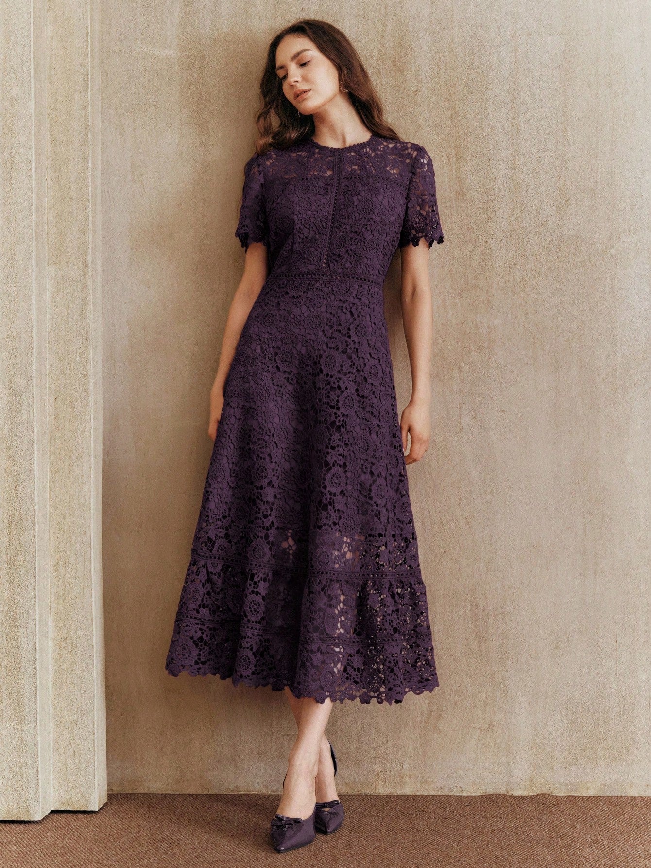 Anewsta Elegant Lace Patchwork Dark Purple Short Sleeve Floral Splice Dress,Autumn Wedding Guest,Valentine's Day,New Year Party,Chic Stylish Dresses For Women