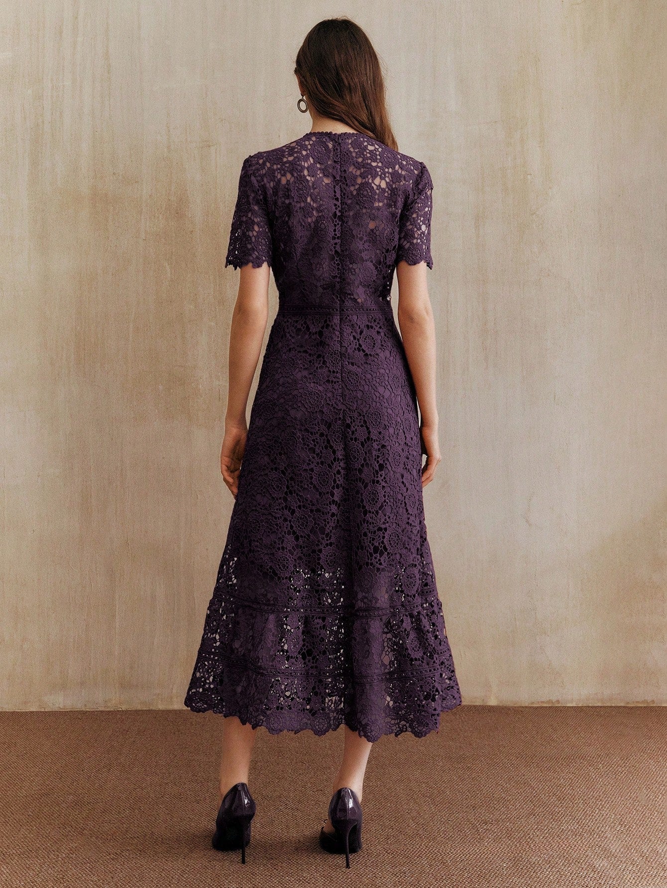 Anewsta Elegant Lace Patchwork Dark Purple Short Sleeve Floral Splice Dress,Autumn Wedding Guest,Valentine's Day,New Year Party,Chic Stylish Dresses For Women