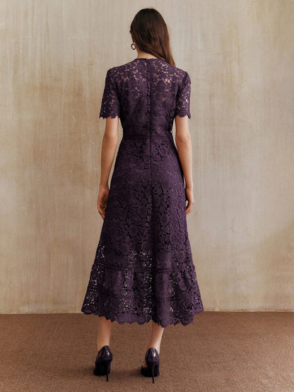 Anewsta Elegant Lace Patchwork Dark Purple Short Sleeve Floral Splice Dress,Autumn Wedding Guest,Valentine's Day,New Year Party,Chic Stylish Dresses For Women
