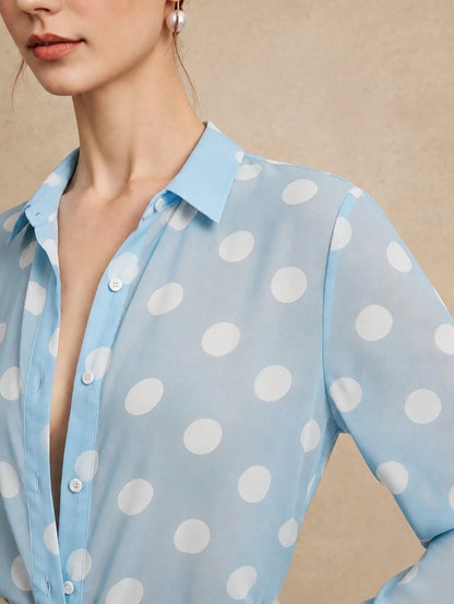 Anewsta Essential High Quality Fashionable French Retro Elegant Polka Dot Chiffon Long Sleeve Blouse, Versatile Polka Dot Shirt For Commuting, Vacation Outfits For Women