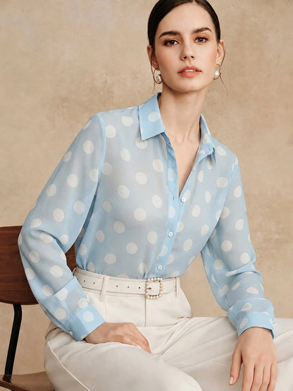 Anewsta Essential High Quality Fashionable French Retro Elegant Polka Dot Chiffon Long Sleeve Blouse, Versatile Polka Dot Shirt For Commuting, Vacation Outfits For Women